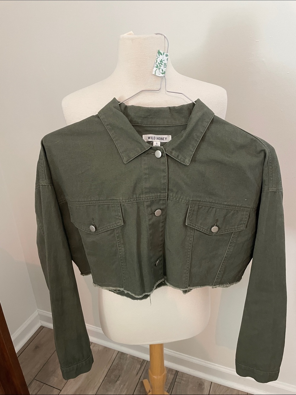 Wild Honey Olive Cropped Utility Jacket with Snap Front